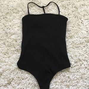 BLACK RIBBED CAGED BACK BODY SUIT